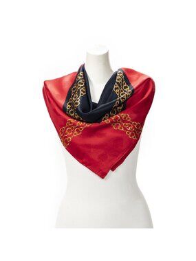 Chanel Scarf Red Navy 100% Gold Jacquard Silk